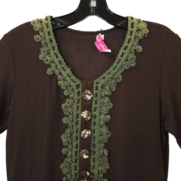 Pretty Angel Chocolate Floral Boho Tunic Top Womens L Crochet Trim Button Detail - Picture 8 of 15